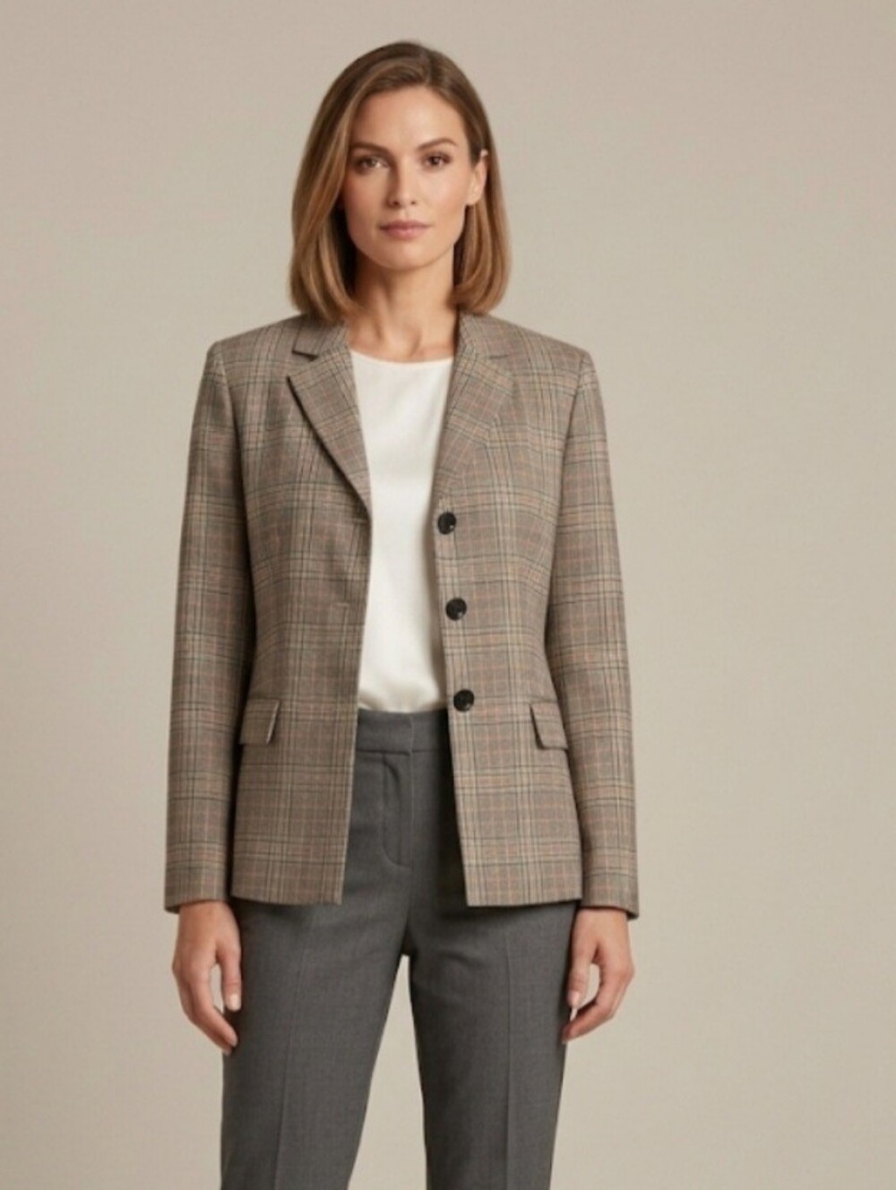 Evan Picone Plaid Single-Breasted Women's Blazer Sz 10 Neutral Brown Tan